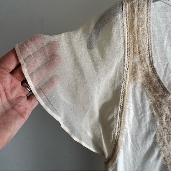 Vintage Anthropologie 1.9 One September Bohemian Neutral Silk Ruffle Sleeve Tee - Picture 4 of 7